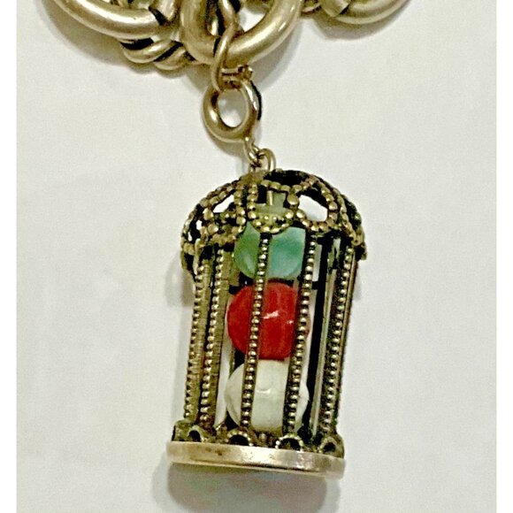 Vintage Etruscan Revival 800 Silver Fob Charm Bracelet Gypsy 2 Charms Cage - Picture 2 of 6